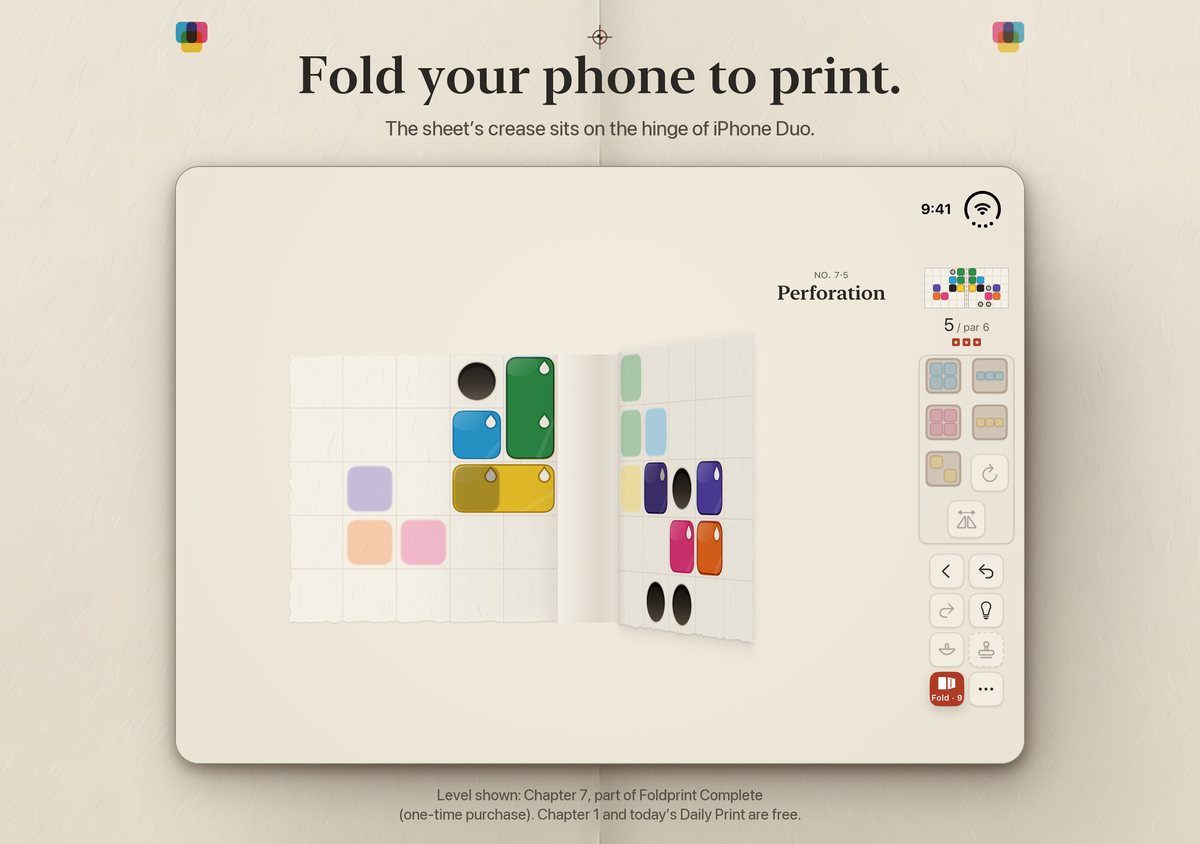 Level 7-5 mid-fold across the hinge, iPhone Duo inner display. Headline: Fold your phone to print.