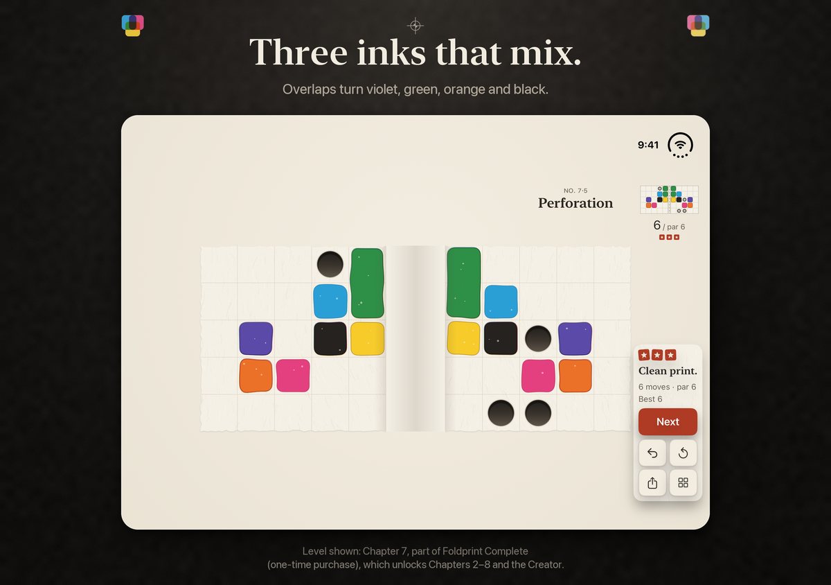The solved print of level 7-5, iPhone Duo inner display. Headline: Three inks that mix.