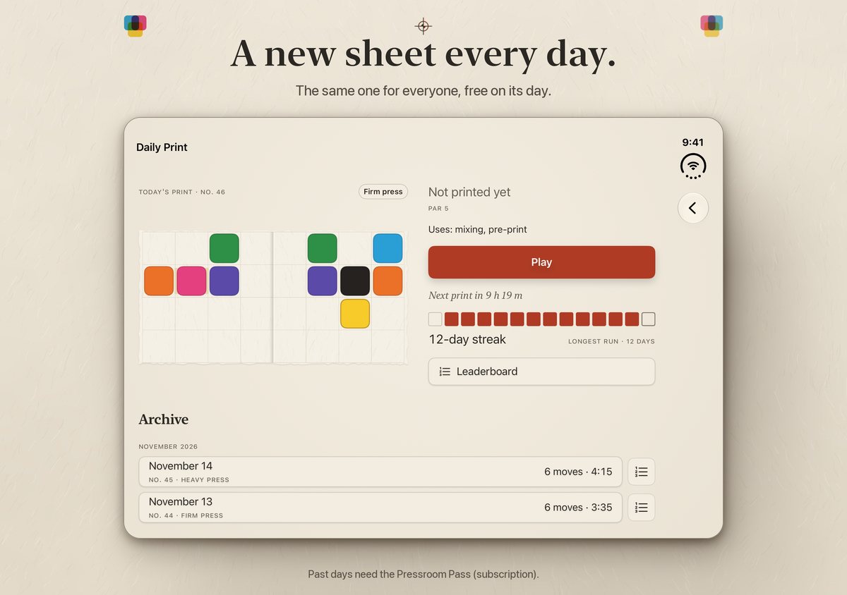 The Daily Print, iPhone Duo inner display. Headline: A new sheet every day.