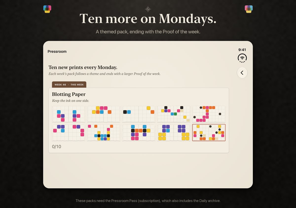 The Pressroom, iPhone Duo inner display. Headline: Ten more on Mondays.