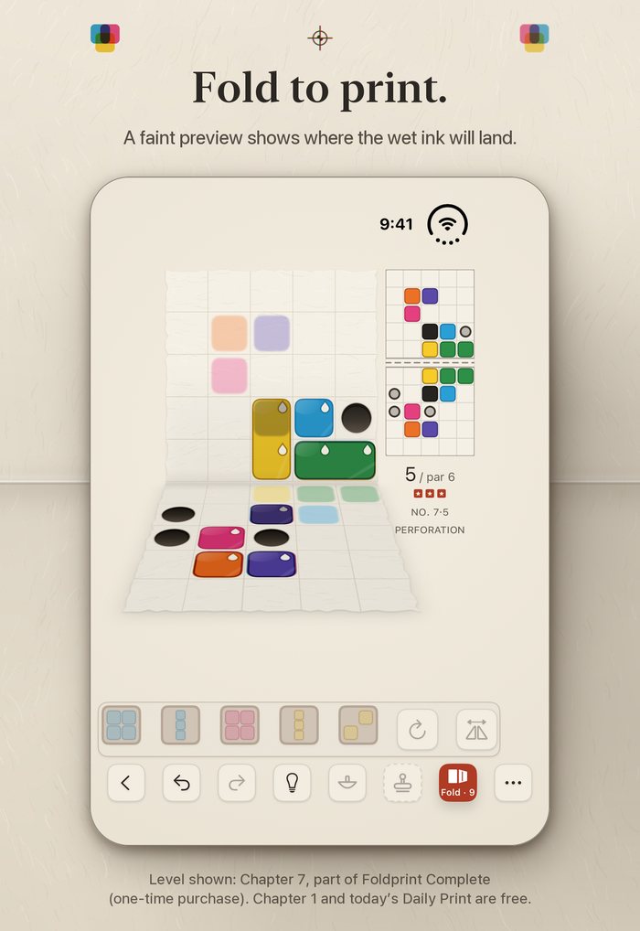 Level 7-5 mid-fold, iPhone Duo outer display. Headline: Fold to print.