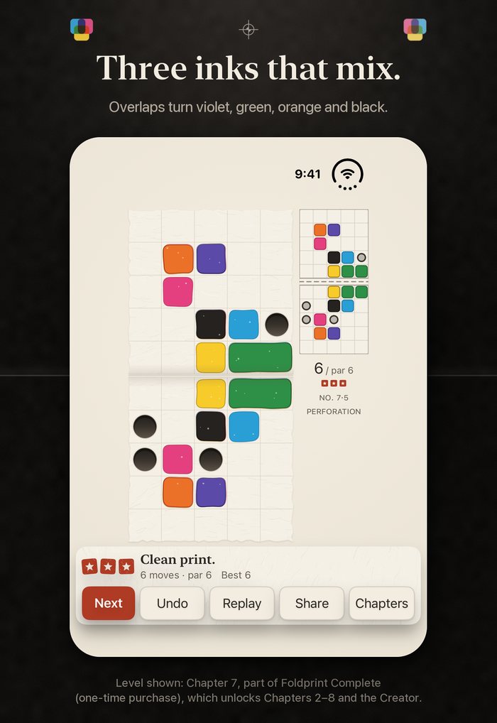 The solved print of level 7-5, iPhone Duo outer display. Headline: Three inks that mix.