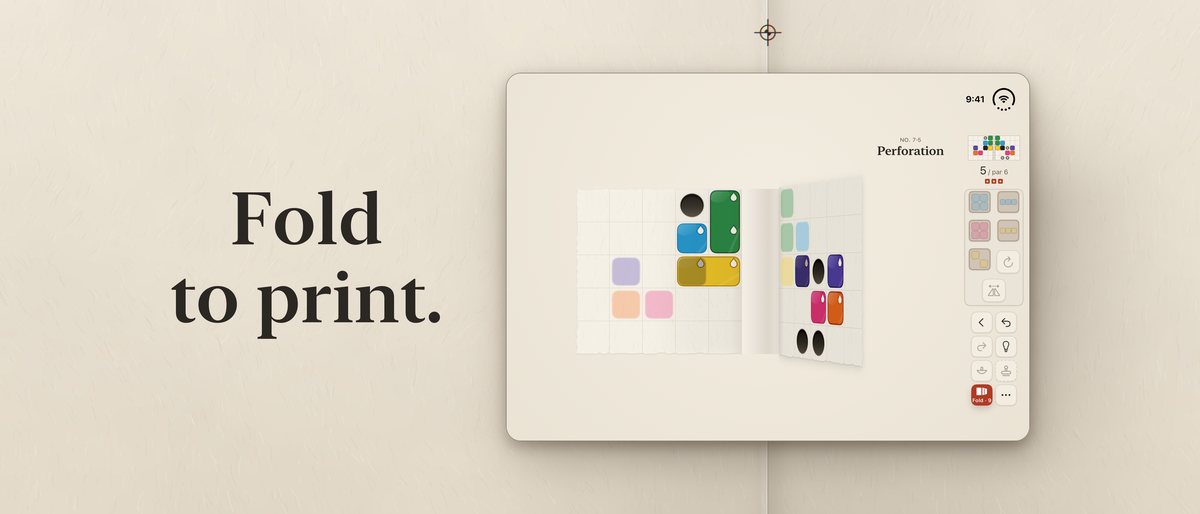 Header art: level 7-5 mid-fold on iPhone Duo. Headline: Fold to print.
