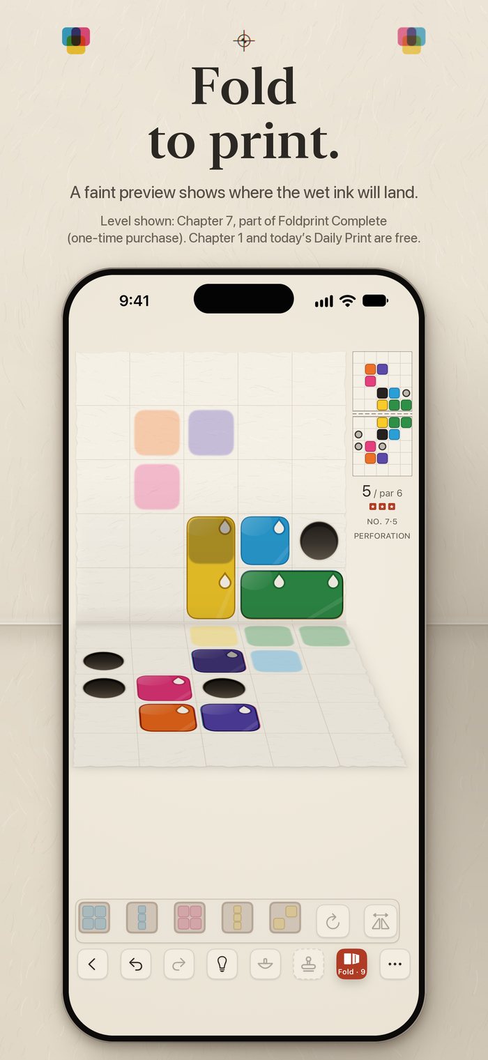 Level 7-5 mid-fold, iPhone. Headline: Fold to print.