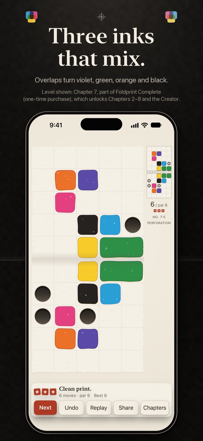 The solved print of level 7-5, iPhone. Headline: Three inks that mix.